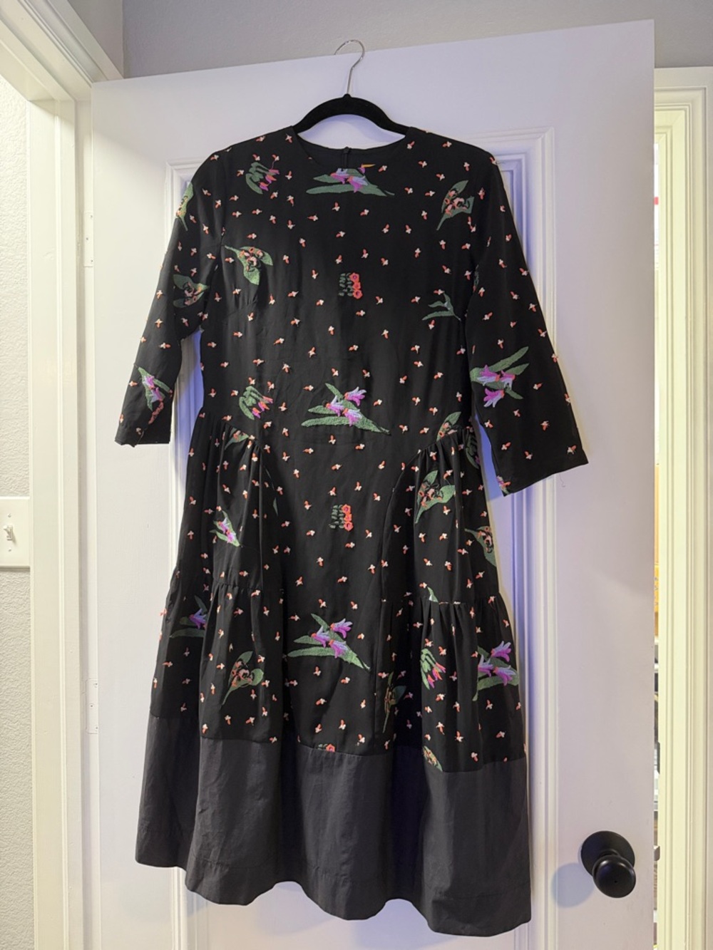 Black Floral Midi Dress with Tiered Hem
